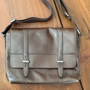 Fossil Dark Brown Leather Messenger Bag with Silver Hardware